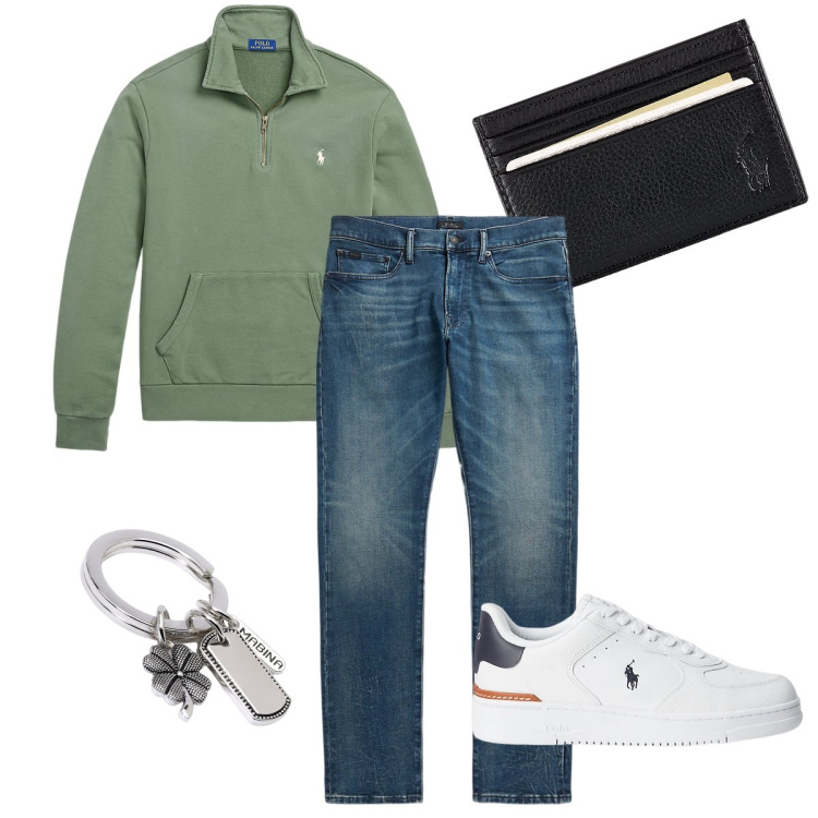 Outfit uomo - Un po’ di bricolage. Stile Casual per Tutti i giorni. Abbinamento con portachiavi, sneakers, felpe, jeans, portafogli.