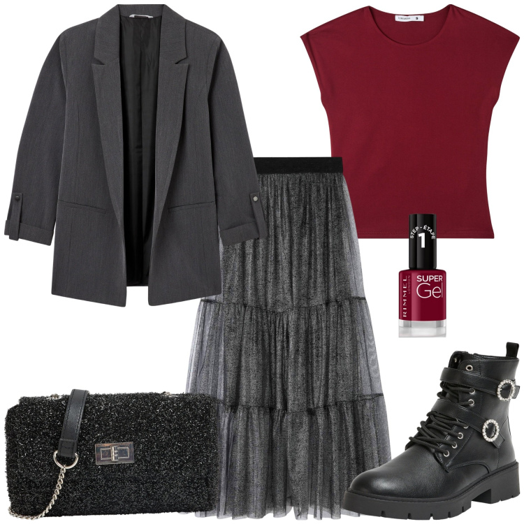 Outfit donna - Mi sento trendy. Stile Trendy per Tutti i giorni. Abbinamento con smalti, gonne, borse a tracolla, t-shirt, anfibi, blazer.