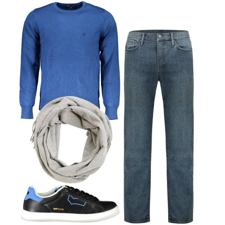 Outfit uomo - Casual di giorno. Stile Casual per Tutti i giorni. Abbinamento con sciarpe, jeans, sneakers, maglieria.