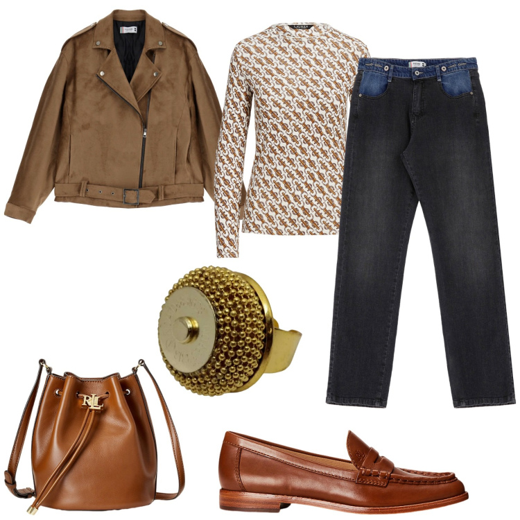 Outfit donna - Borsa a secchiello pratica e femminile. Stile Casual per Ufficio. Abbinamento con blazer, jeans dritti, mocassini, t-shirt, borse a secchiello, anelli.