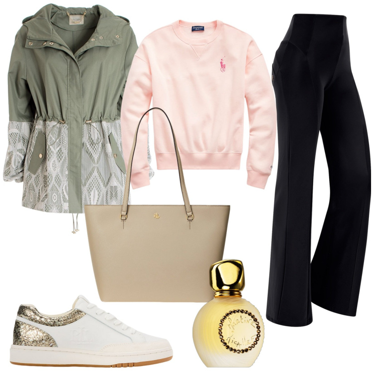 Outfit donna - Mai senza sneakers. Stile Sporty chic per Tutti i giorni. Abbinamento con profumi, parka, pantaloni, borse tote, felpe, sneakers.