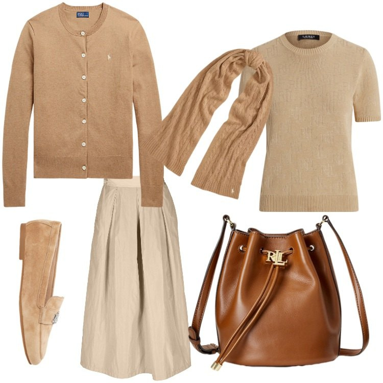 Outfit donna - Tono su tono. Stile Casual chic per Ufficio. Abbinamento con mocassini, sciarpe, cardigans, borse a secchiello, maglieria, gonne.