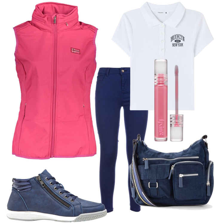 Outfit donna - Settembre casual. Stile Casual per Tutti i giorni. Abbinamento con sneakers alte, borse a tracolla, rossetti, polo, jeans skinny, blazer.