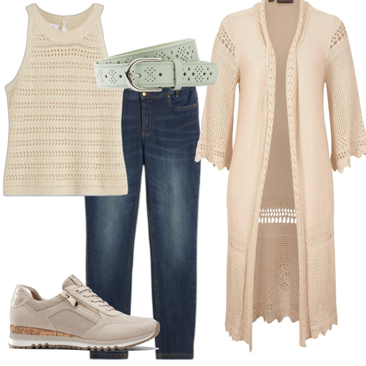 Outfit donna - Sole settembrino. Stile Basic per Tutti i giorni. Abbinamento con cardigans, sneakers, jeans skinny, top, cinture.