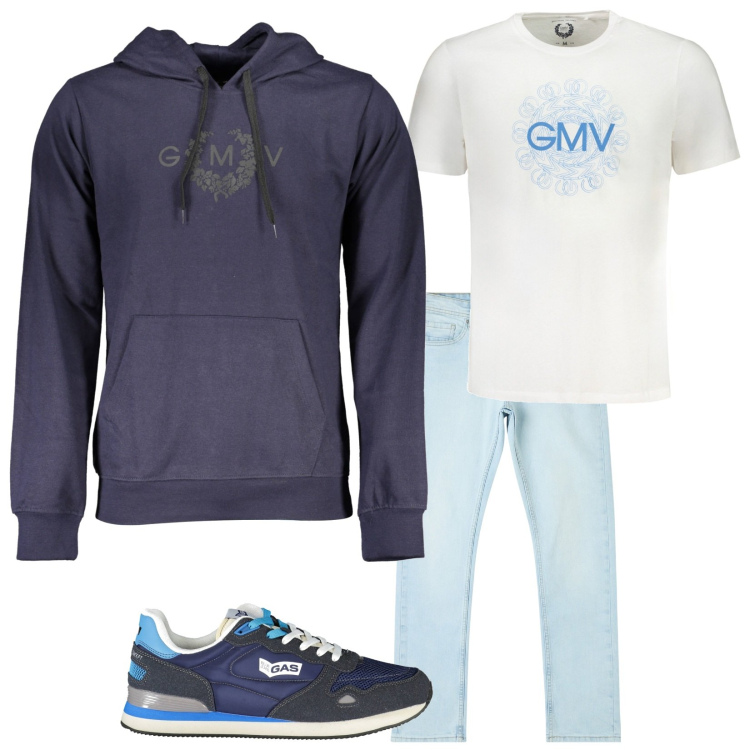 Outfit uomo - GmV. Stile Casual per Tutti i giorni. Abbinamento con jeans dritti, scarpe sportive, felpe con cappuccio, t-shirt.