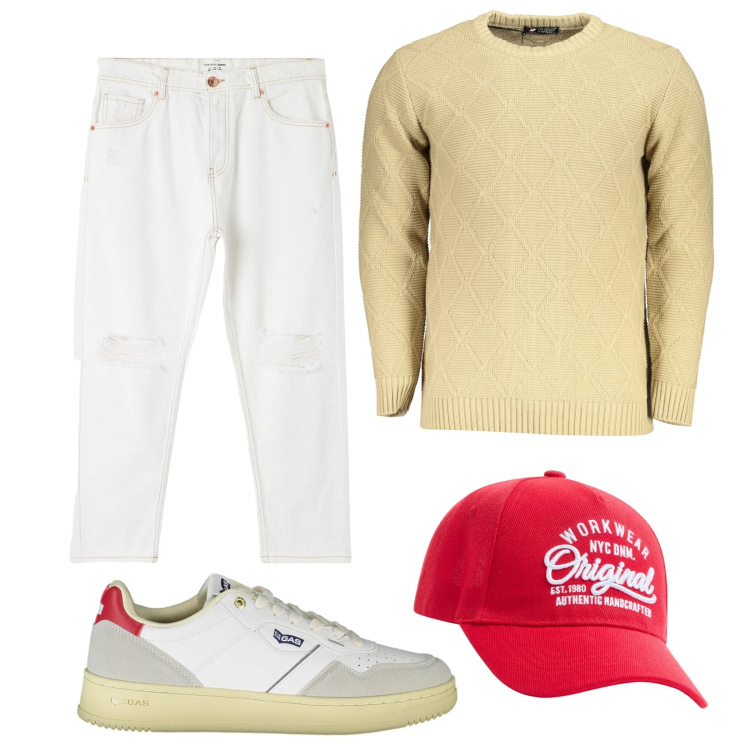 Outfit uomo - Total look #1962940. Stile Casual per Tutti i giorni. Abbinamento con cappelli, jeans strappati, sneakers, maglieria.