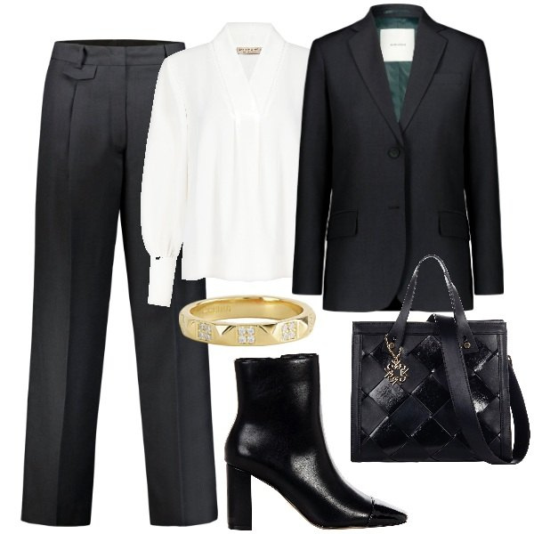 Outfit donna - Il completo da ufficio. Stile Bon Ton per Ufficio. Abbinamento con anelli, bluse, stivaletti, borse a mano, pantaloni, blazer.