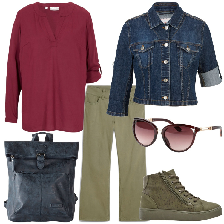 Outfit donna - 2024. Stile Urban per Tutti i giorni. Abbinamento con blazer, occhiali da sole, jeans dritti, sneakers alte, zaini, tuniche.