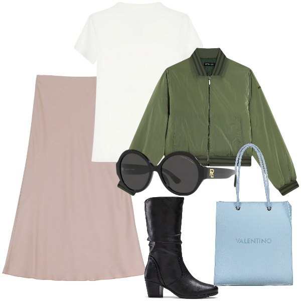 Outfit donna - Autunno in città. Stile Trendy per Tutti i giorni. Abbinamento con stivali, polo, bomber, gonne longuette, occhiali da sole, borse a spalla.