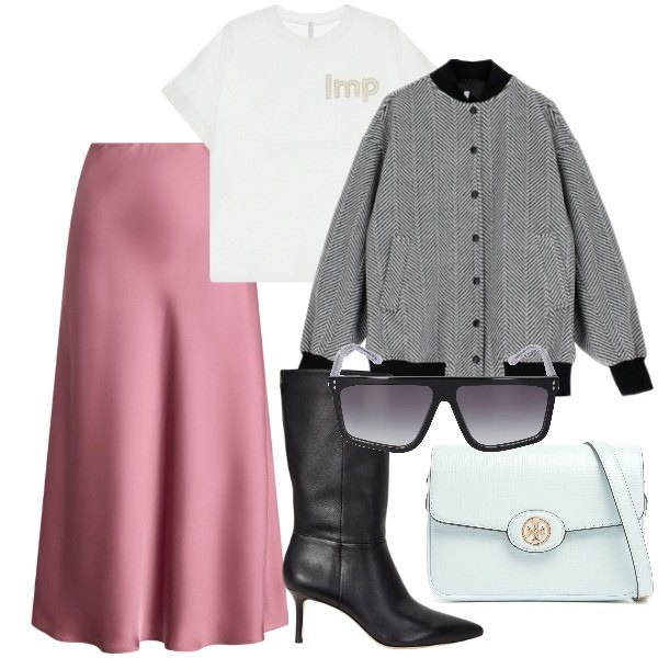 Outfit donna - Settembre in città. Stile Trendy per Tutti i giorni. Abbinamento con t-shirt, bomber, stivali, gonne, borse a spalla, occhiali da sole.