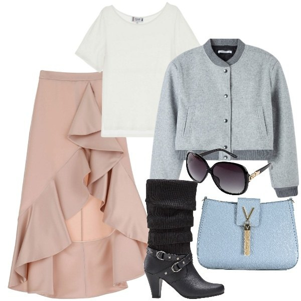 Outfit donna - Autunno in città. Stile Trendy per Tutti i giorni. Abbinamento con stivali, occhiali da sole, bomber, t-shirt, gonne longuette, borse a spalla.