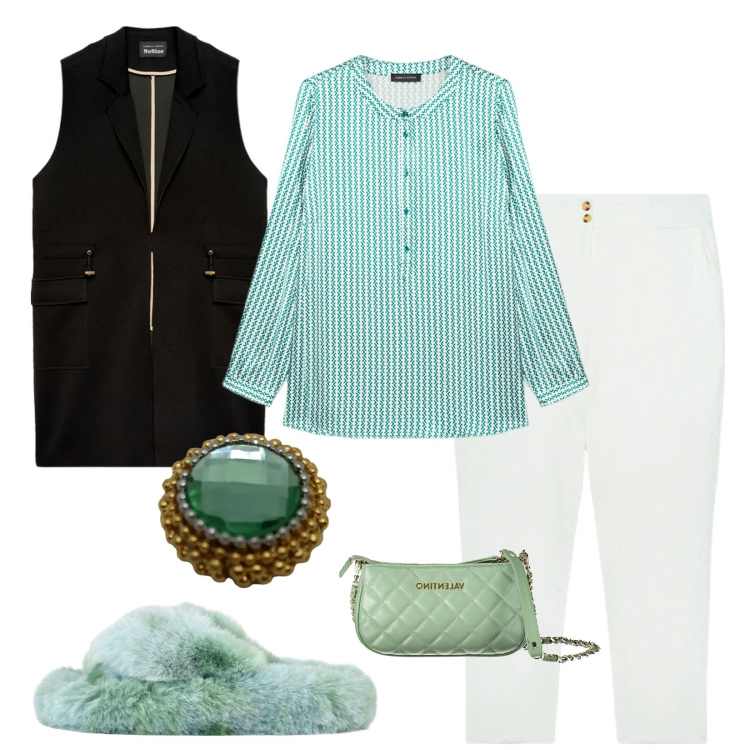 Outfit donna - Outfit Casual-chic!. Stile Casual chic per Serata fuori. Abbinamento con ciabatte, gilet, anelli, pantaloni, borse a spalla, bluse.