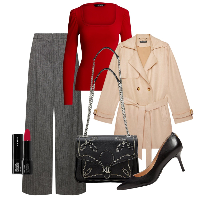 Outfit donna - Rosso acceso per l\'autunno. Stile Bon Ton per Ufficio. Abbinamento con rossetti, t-shirt, décolleté, borse a spalla, pantaloni, trench.