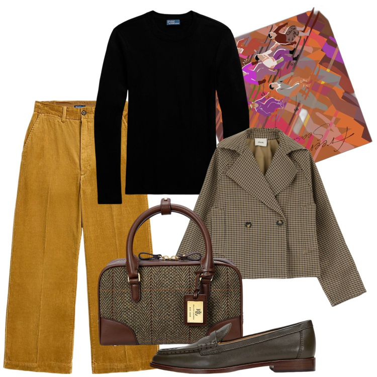 Outfit donna - Tweed e Vichy. Stile Bon Ton per Ufficio. Abbinamento con blazer, t-shirt, borse a mano, mocassini, pantaloni, foulard.
