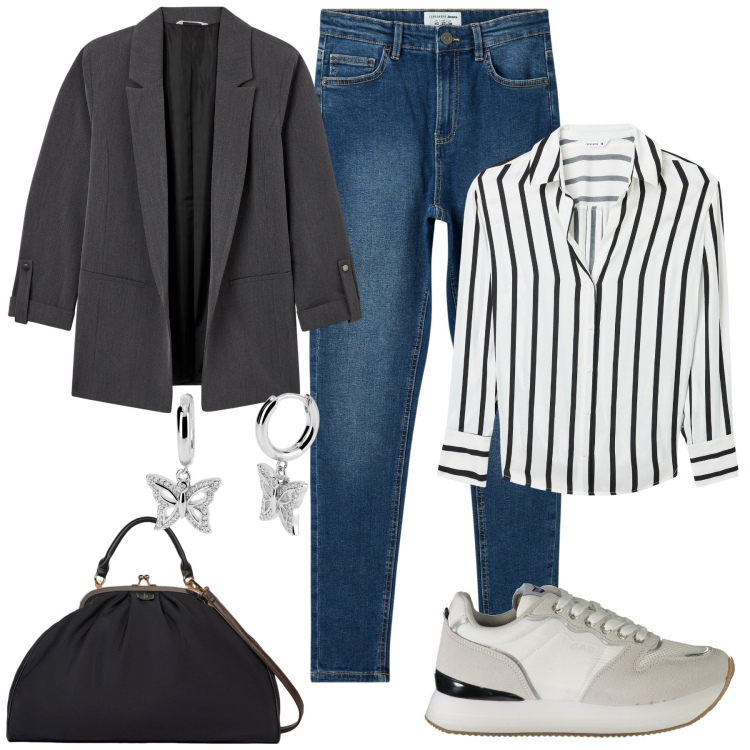 Outfit donna - Blazer + jeans Curvy style. Stile Casual per Ufficio. Abbinamento con orecchini, blazer, camicie, jeans skinny, sneakers, borse a tracolla.