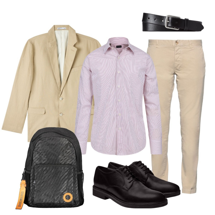 Outfit uomo - Pronto per l’ufficio. Stile Business/Elegante per Ufficio. Abbinamento con pantaloni, giacche, cinture, scarpe stringate, borse sportive, camicie.