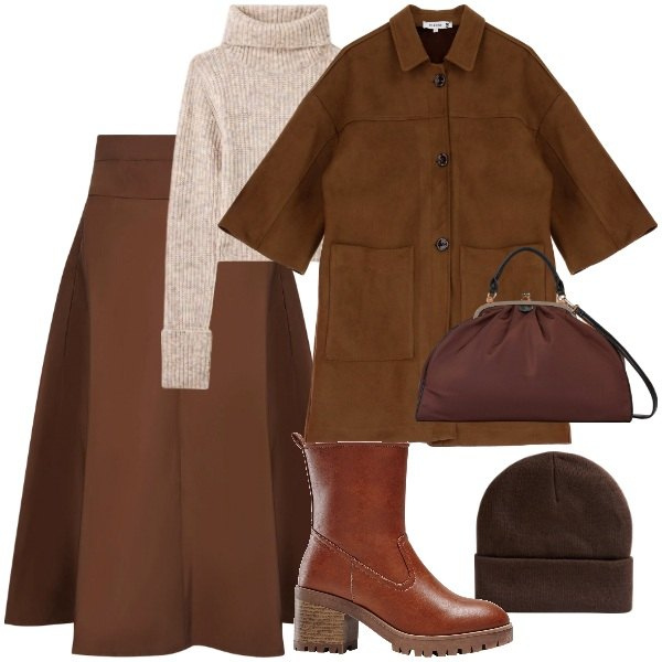 Outfit donna - Color cioccolato. Stile Urban per Tutti i giorni. Abbinamento con stivaletti, maglieria, berretti, cappotti, gonne, borse a spalla.