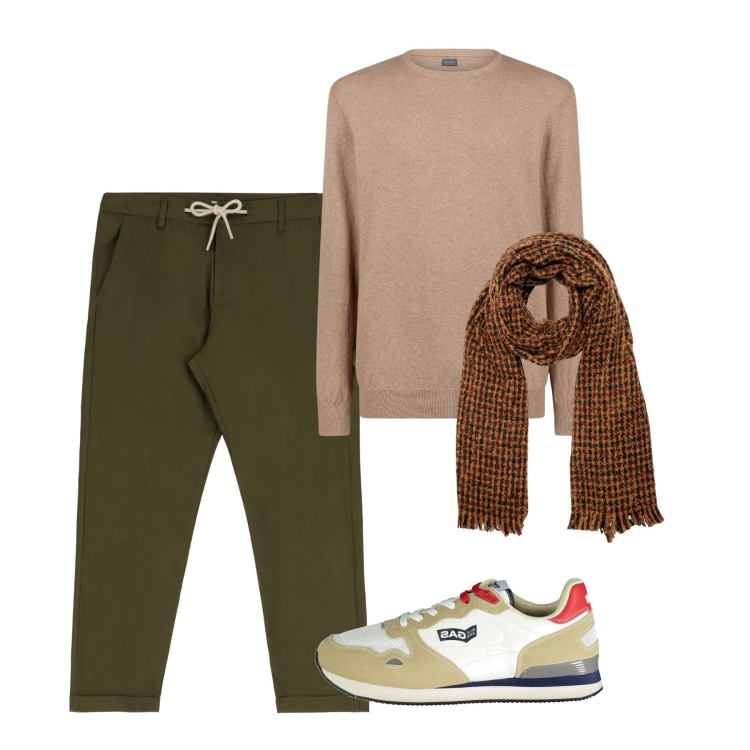 Outfit uomo - Basic toni caldi. Stile Casual per Tutti i giorni. Abbinamento con pantaloni, maglieria, sneakers, sciarpe.