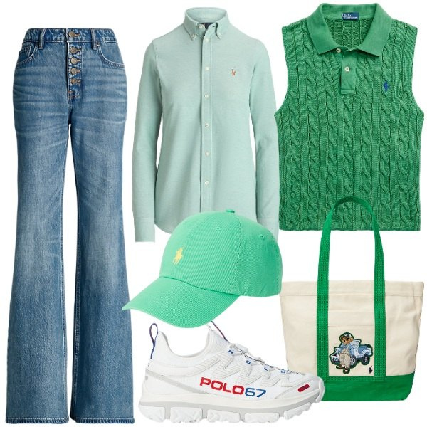 Outfit donna - Total look #1963031. Stile Preppy per Scuola/Università. Abbinamento con cappelli, sneakers, jeans, borse tote, polo, camicie.