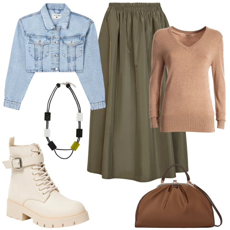 Outfit donna - Casual chic curvy style. Stile Casual chic per Tutti i giorni. Abbinamento con blazer, anfibi, maglieria, gonne lunghe, borse a spalla, collane.