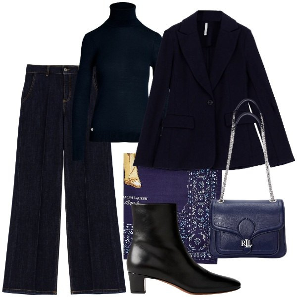 Outfit donna - Blue il nuovo nero. Stile Bon Ton per Ufficio. Abbinamento con blazer, pantaloni, maglieria, stivaletti, borse a spalla, foulard.