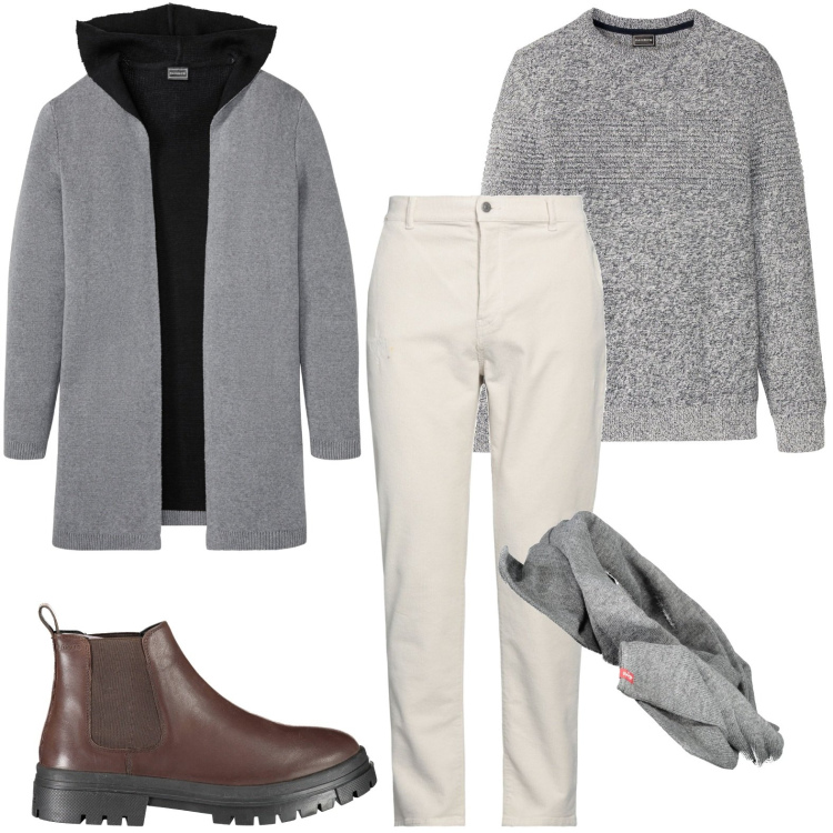 Outfit uomo - Street style. Stile Casual per Tutti i giorni. Abbinamento con maglieria, cardigans, pantaloni, stivali, sciarpe.