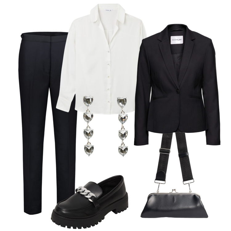Outfit donna - Rigore in ufficio. Stile Mannish per Ufficio. Abbinamento con blazer, mocassini, camicie, orecchini, pantaloni, clutch.