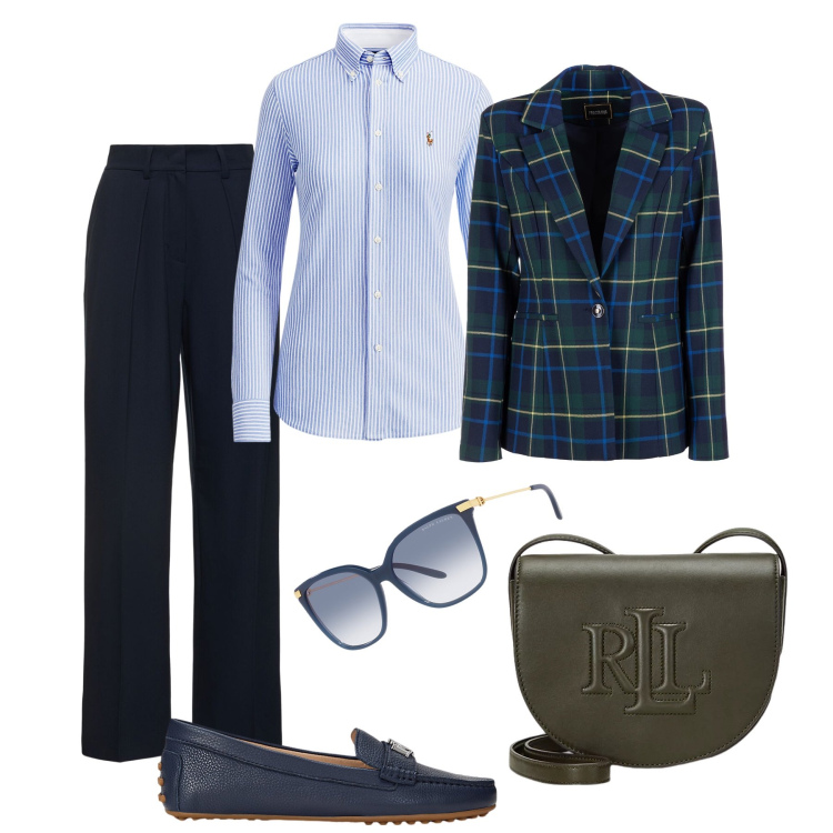 Outfit donna - Il blazer tartan in città. Stile Casual chic per Tutti i giorni. Abbinamento con blazer, camicie, mocassini, occhiali da sole, borse a tracolla, pantaloni.