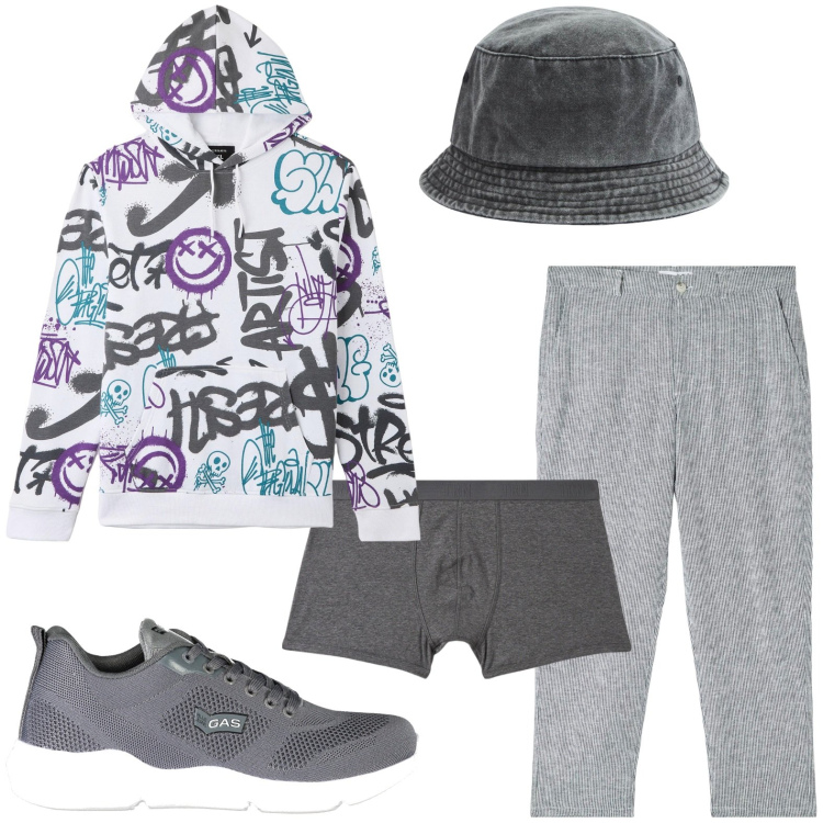 Outfit uomo - La felpa con stampa. Stile Trendy per Tutti i giorni. Abbinamento con cappelli, pantaloni, felpe con cappuccio, boxer, sneakers.