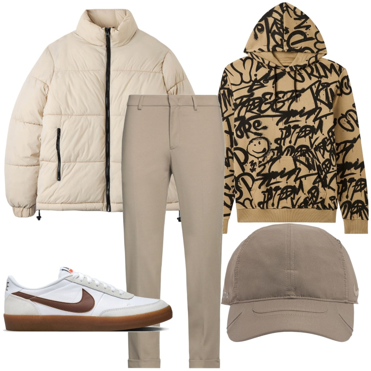 Outfit uomo - La felpa urban con stampa. Stile Trendy per Tutti i giorni. Abbinamento con pantaloni, felpe con cappuccio, piumini, cappelli, sneakers.