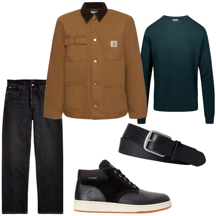 Outfit uomo - Il cappotto marrone per l\'autunno. Stile Casual per Tutti i giorni. Abbinamento con cinture, jeans dritti, stivali, maglieria, cappotti.