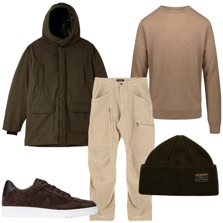 Outfit uomo - Look versatile con il parka. Stile Trendy per Tutti i giorni. Abbinamento con parka, pantaloni cargo, berretti, sneakers, maglieria.
