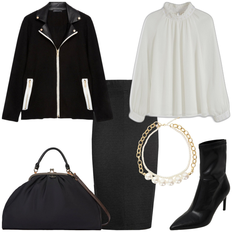 Outfit donna - Bon ton black and white. Stile Bon Ton per Tutti i giorni. Abbinamento con bluse, stivaletti, collane, blazer, gonne lunghe, borse a tracolla.