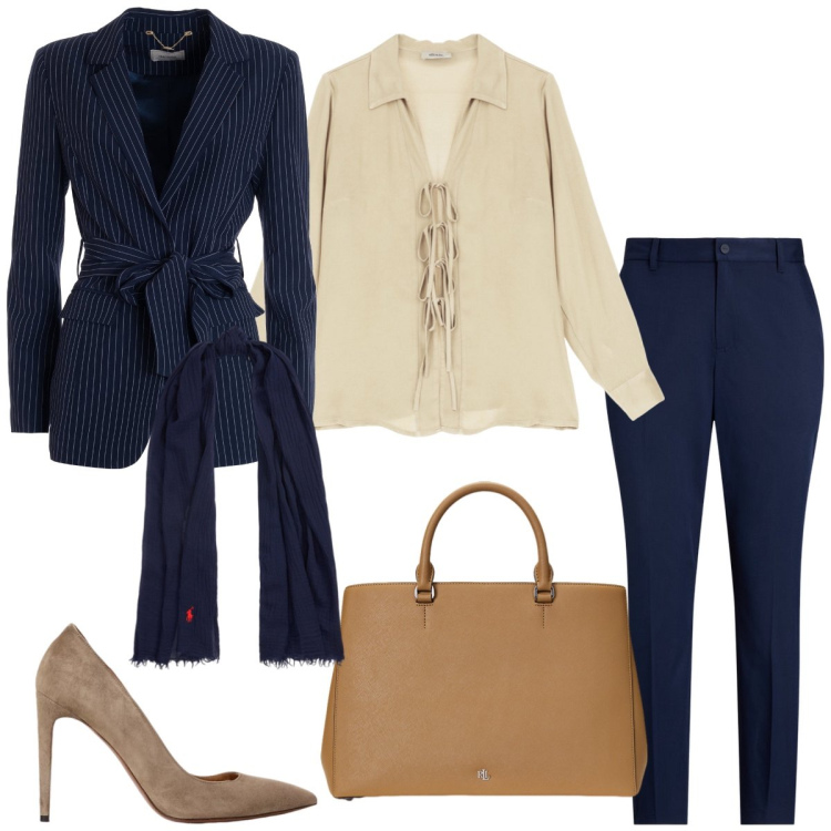 Outfit donna - Total look #1963119. Stile Bon Ton per Ufficio. Abbinamento con blazer, camicie, sciarpe, borse a mano, pantaloni, décolleté.