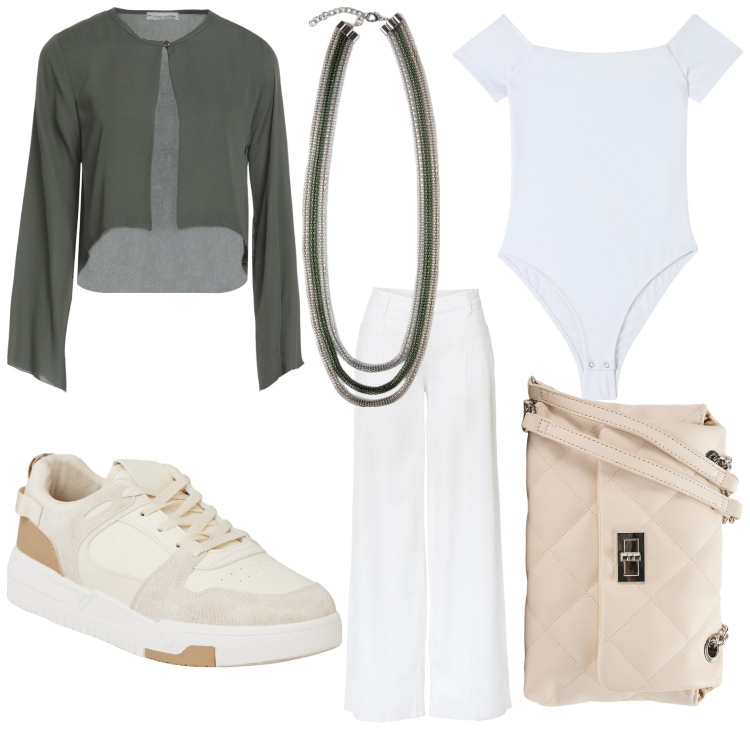 Outfit donna - Sneakers di sera. Stile Casual chic per Serata fuori. Abbinamento con pantaloni a palazzo, blazer, sneakers, borse a spalla, body, collane.