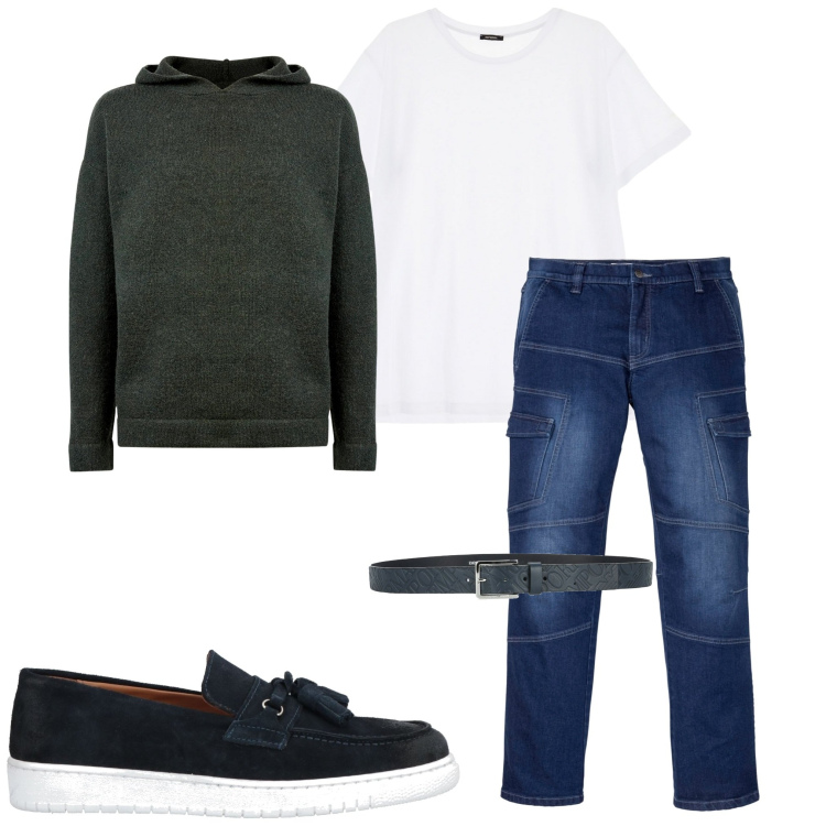 Outfit uomo - Basic style. Stile Casual per Tutti i giorni. Abbinamento con scarpe stringate, cinture, jeans dritti, t-shirt, maglieria.