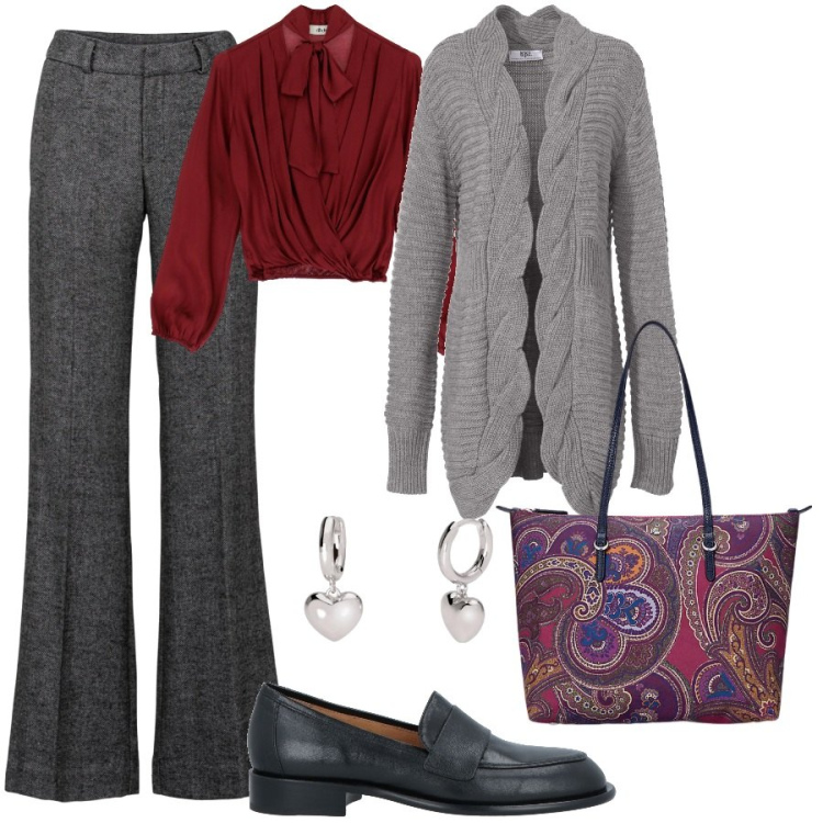 Outfit donna - Autumn colors. Stile Casual chic per Scuola/Università. Abbinamento con pantaloni a palazzo, cardigans, mocassini, orecchini, camicie, borse tote.