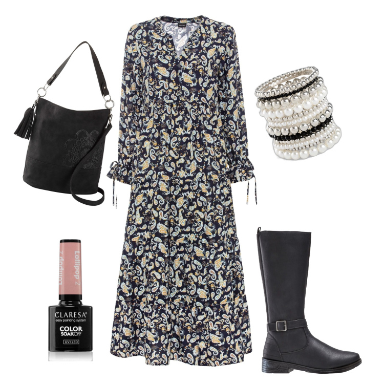 Outfit donna - Stile Boho. Stile Boho per Serata fuori. Abbinamento con stivali, borse a mano, braccialetti, vestiti lunghi, smalti.