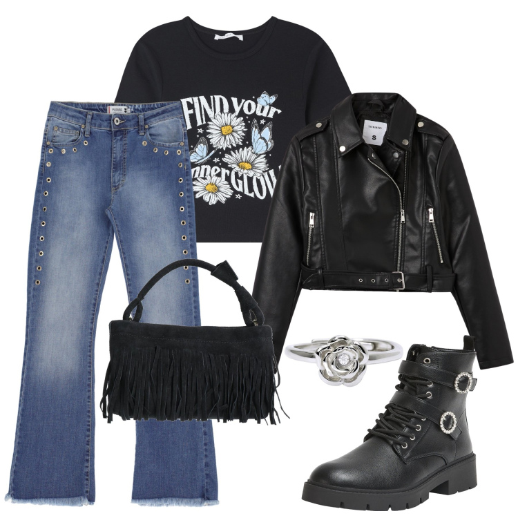Outfit donna - Jeans e biker. Stile Rock per Scuola/Università. Abbinamento con borse a mano, anfibi, giacche, t-shirt, anelli, jeans.