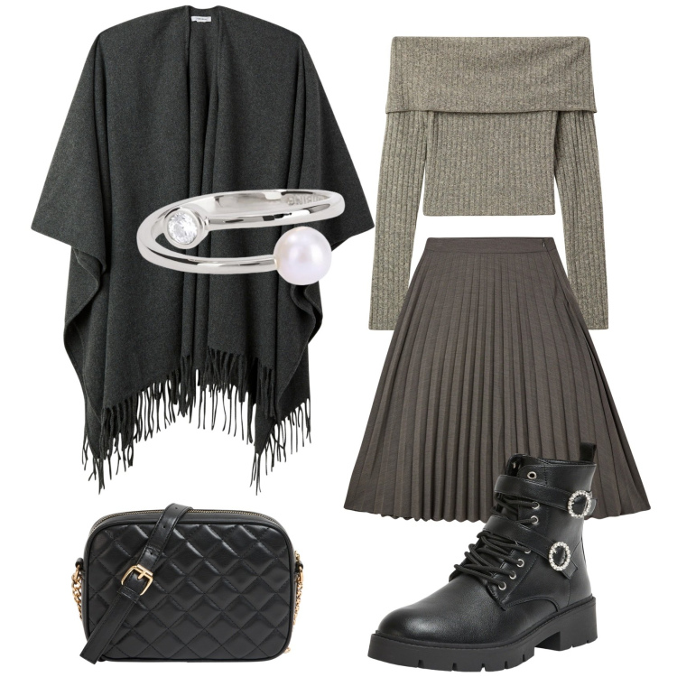 Outfit donna - La mantella grigia. Stile Casual chic per Ufficio. Abbinamento con anfibi, borse a tracolla, gonne lunghe, maglieria, cappe, anelli.