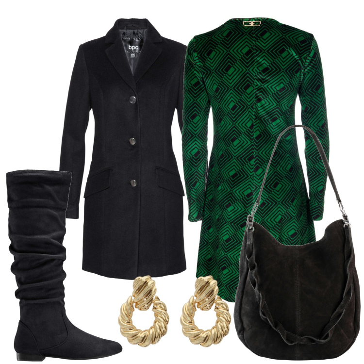 Outfit donna - Serata in corso. Stile Glamour per Serata fuori. Abbinamento con stivali, cappotti, borse a mano, vestiti, orecchini.