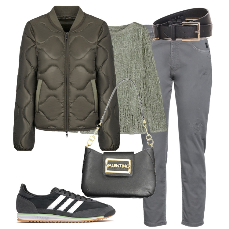 Outfit donna - City. Stile Casual chic per Tutti i giorni. Abbinamento con jeans strappati, cinture, blazer, maglieria, sneakers, borse a spalla.