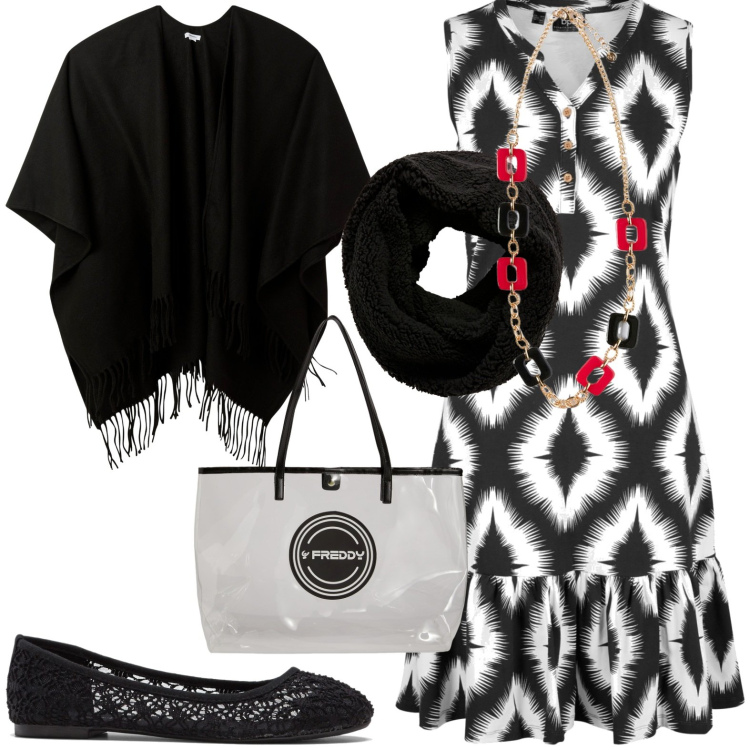 Outfit donna - Total look #1963193. Stile Casual per Tutti i giorni. Abbinamento con vestiti, ballerine, cappe, sciarpe, shopping bag, ciondoli.