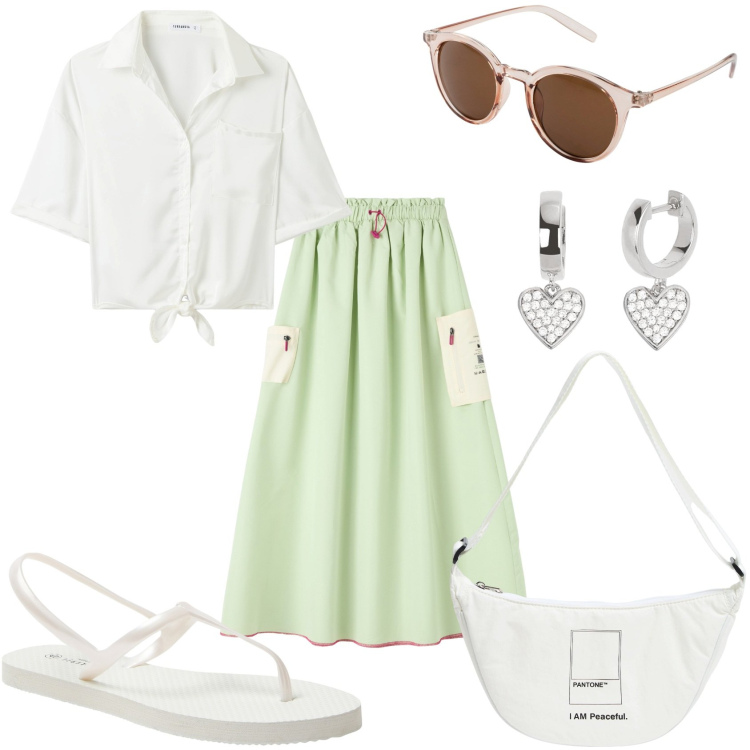 Outfit donna - Vintage per la giornata. Stile Vintage retrò per Tutti i giorni. Abbinamento con occhiali da sole, sandali, marsupi, gonne lunghe, camicie a manica corta, orecchini.