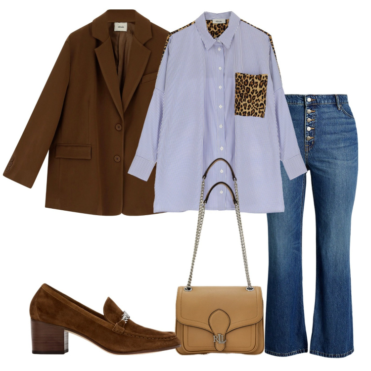 Outfit donna - Leopardo. Stile Casual chic per Tutti i giorni. Abbinamento con blazer, camicie, borse a spalla, jeans, décolleté.