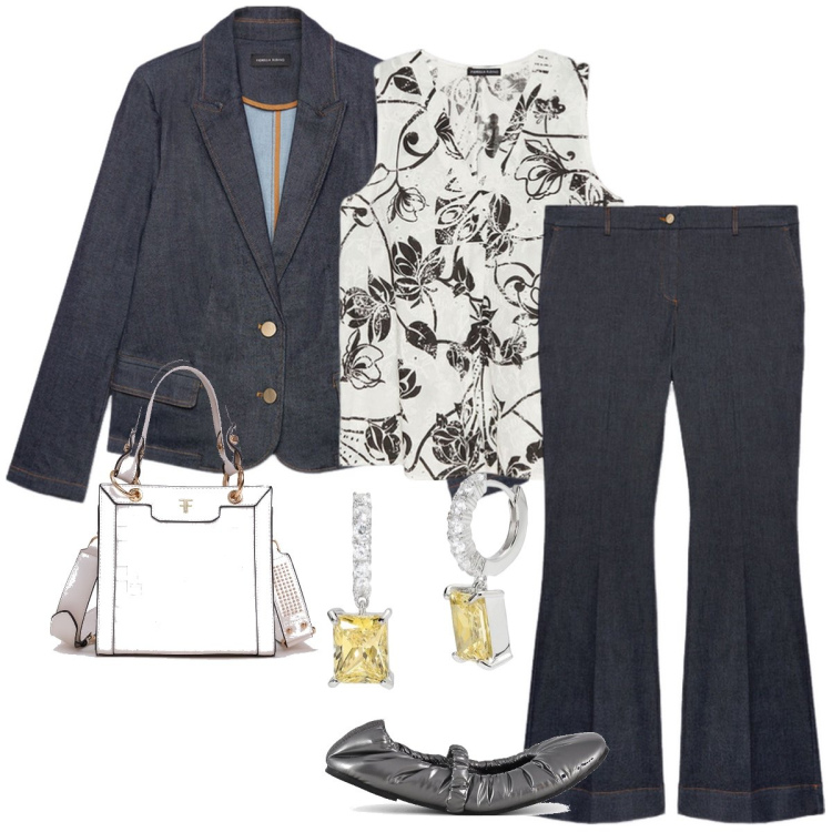 Outfit donna - Total look #1963211. Stile Casual per Tutti i giorni. Abbinamento con orecchini, borse tote, ballerine, top, blazer, jeans a zampa.