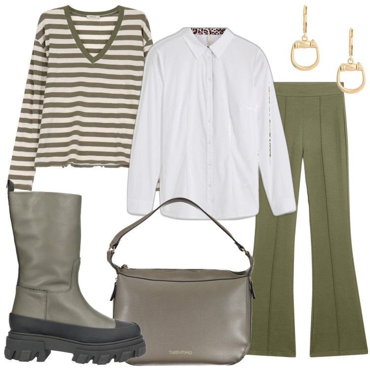 Outfit donna - Maglia mille righe. Stile Trendy per Tutti i giorni. Abbinamento con camicie, stivaletti, pantaloni, maglieria, orecchini, borse a spalla.