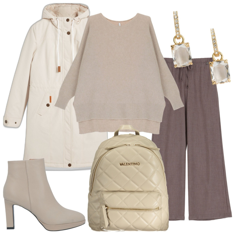 Outfit donna - Sapore invernale. Stile Trendy per Tutti i giorni. Abbinamento con blazer, stivaletti, maglieria, pantaloni a palazzo, orecchini, zaini.