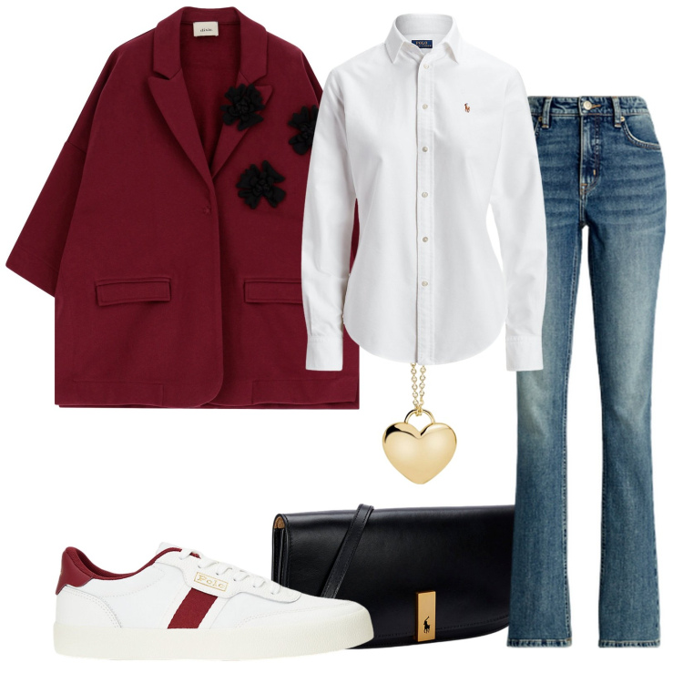 Outfit donna - Total look #1963220. Stile Casual per Tutti i giorni. Abbinamento con collane, blazer, camicie, jeans bootcut, sneakers, clutch.