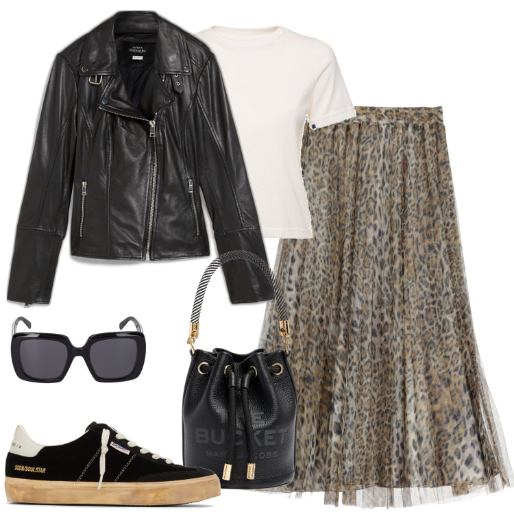 Outfit donna - Leopard. Stile Casual chic per Tutti i giorni. Abbinamento con blazer, gonne, sneakers, occhiali da sole, borse a secchiello, t-shirt.